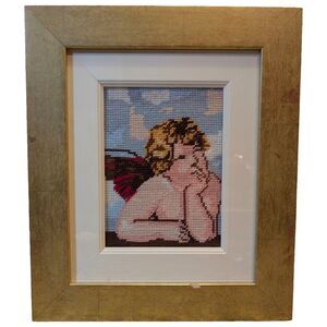 Cherub Cross-Stitch Framed Art Raphael Angel Rustic Gold Wood Frame 14x12
